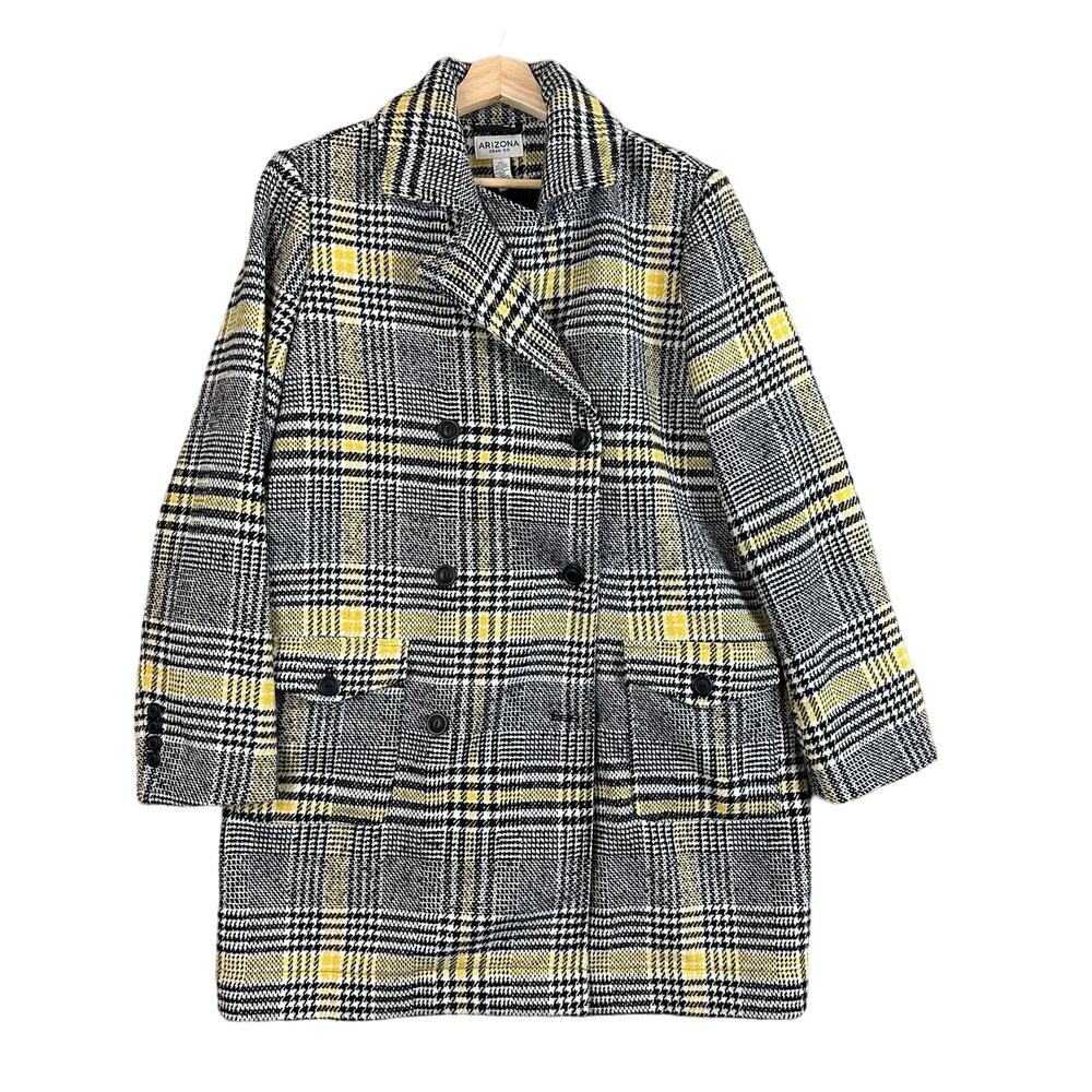 NWT Arizona Jean Vintage Wool Blend Black Yellow Plaid Pea Coat L Y2K Clueless